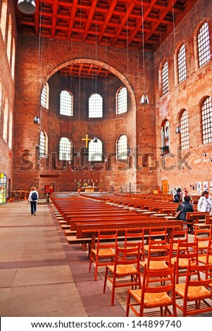 TRIER, GERMANY-APRIL 16: The interior of a Roman palace basilica that was built by the emperor Constantine as seen on April 16, 2013.  Today it is owned and used as church.