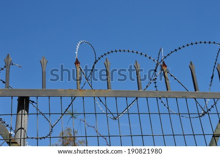 Razor barbed wire and chain link fence with rusty palisade sharp spikes. Property security abstract background.