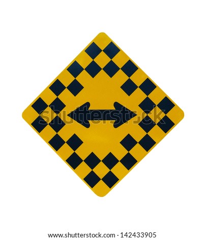 Yellow and black road sign, diamond shaped. Caution: must turn left or right. Isolated.