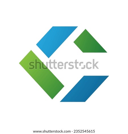 Blue and Green Square Letter C Icon Made of Rectangles on a White Background