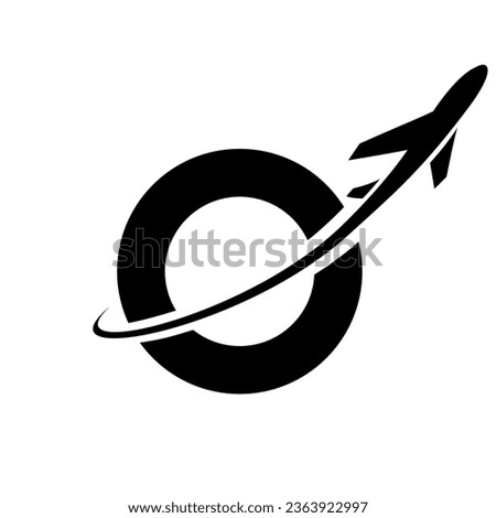 Black Lowercase Letter O Icon with an Airplane on a White Background