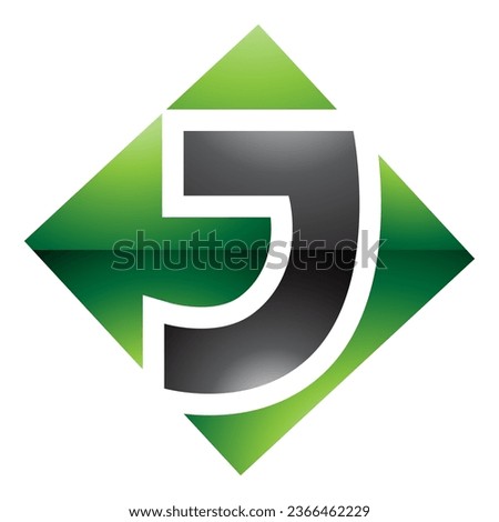 Green and Black Glossy Square Diamond Shaped Letter J Icon on a White Background