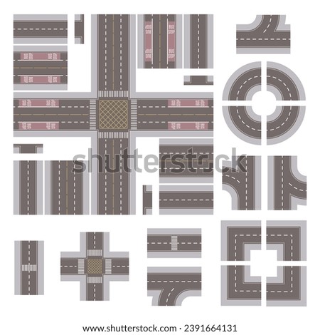 Top Down Grey Main Street and Road Building Kit isolated on a White Background