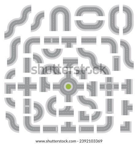 Top Down Light Grey Road Building Kit isolated on a White Background