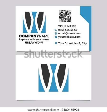 Blue and Black Business Card Template with Square Letter W Logo Icon Over a Light Grey Background