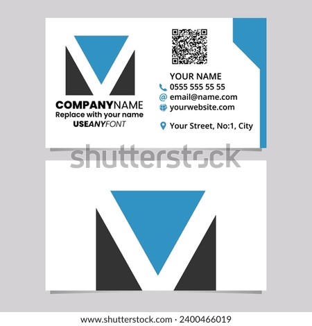 Blue and Black Business Card Template with Square Letter V Logo Icon Over a Light Grey Background