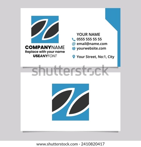 Blue and Black Business Card Template with Square Letter Z Logo Icon Over a Light Grey Background