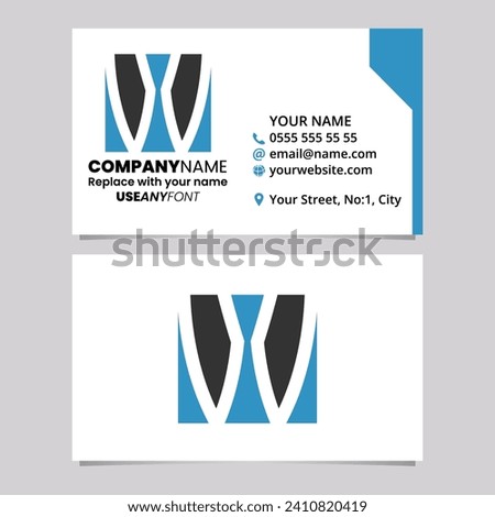 Blue and Black Business Card Template with Square Letter W Logo Icon Over a Light Grey Background