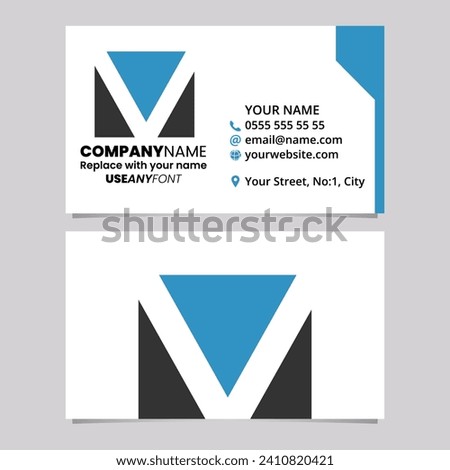 Blue and Black Business Card Template with Square Letter V Logo Icon Over a Light Grey Background