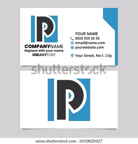 Blue and Black Business Card Template with Square Letter P Logo Icon Over a Light Grey Background