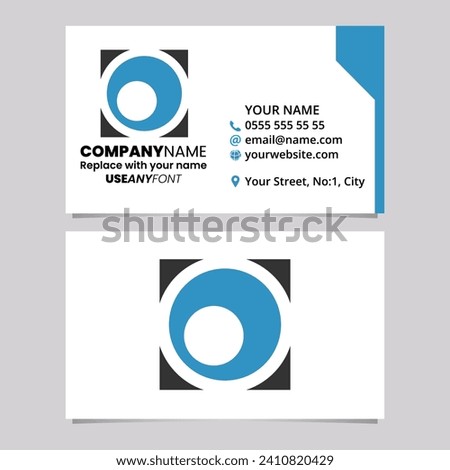 Blue and Black Business Card Template with Square Letter O Logo Icon Over a Light Grey Background
