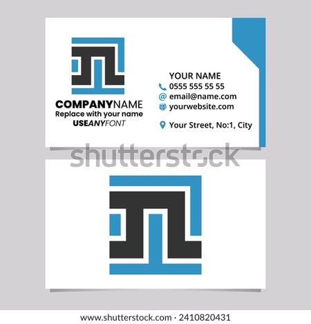 Blue and Black Business Card Template with Square Letter N Logo Icon Over a Light Grey Background