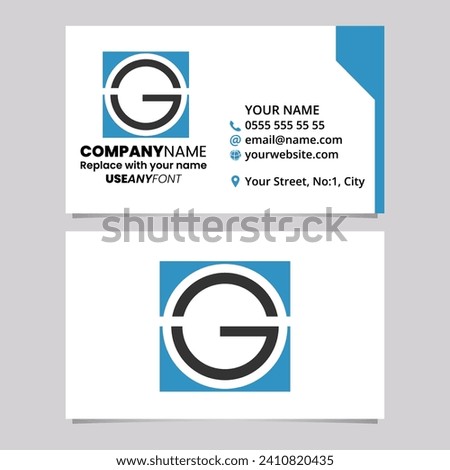 Blue and Black Business Card Template with Square Letter G Logo Icon Over a Light Grey Background