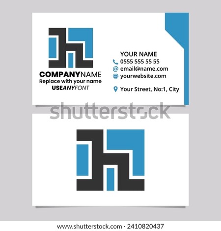 Blue and Black Business Card Template with Square Letter H Logo Icon Over a Light Grey Background