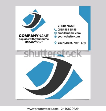 Blue and Black Business Card Template with Diamond Square Letter J Logo Icon Over a Light Grey Background