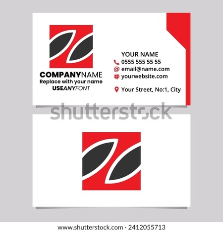 Red and Black Business Card Template with Square Letter Z Logo Icon Over a Light Grey Background