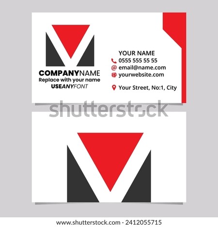Red and Black Business Card Template with Square Letter V Logo Icon Over a Light Grey Background