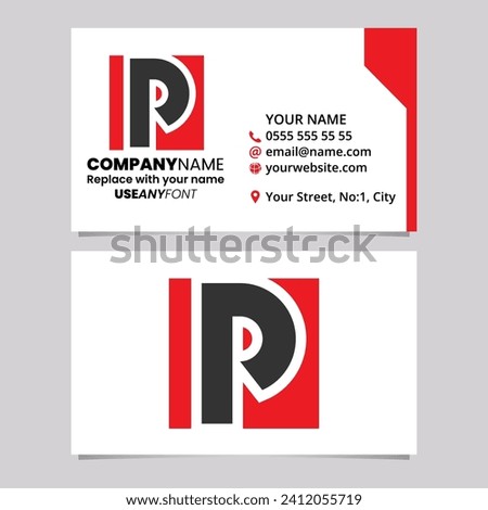 Red and Black Business Card Template with Square Letter P Logo Icon Over a Light Grey Background