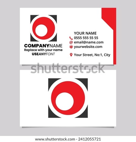 Red and Black Business Card Template with Square Letter O Logo Icon Over a Light Grey Background