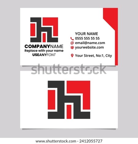 Red and Black Business Card Template with Square Letter H Logo Icon Over a Light Grey Background