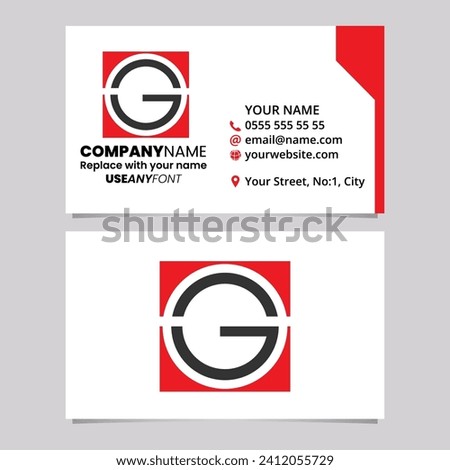 Red and Black Business Card Template with Square Letter G Logo Icon Over a Light Grey Background