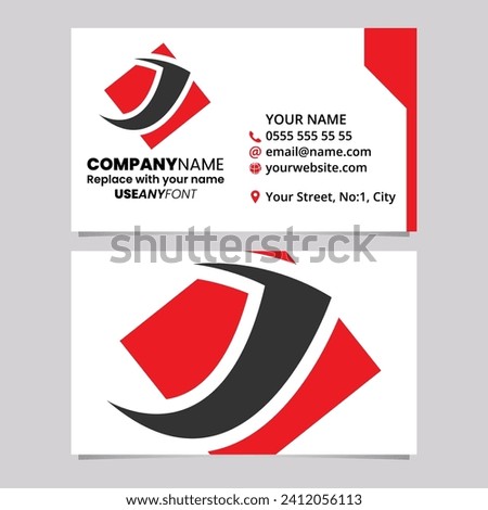 Red and Black Business Card Template with Diamond Square Letter J Logo Icon Over a Light Grey Background