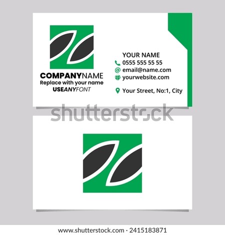 Green and Black Business Card Template with Square Letter Z Logo Icon Over a Light Grey Background