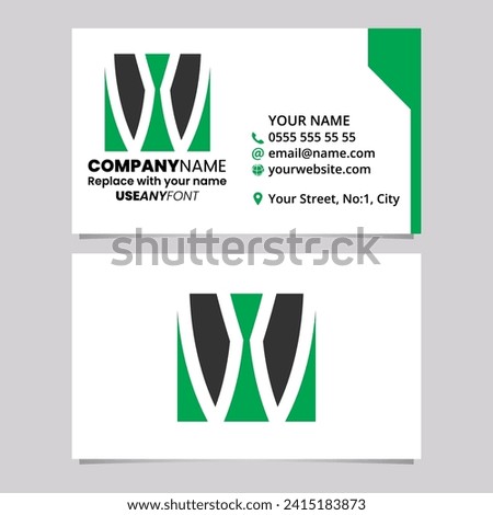 Green and Black Business Card Template with Square Letter W Logo Icon Over a Light Grey Background