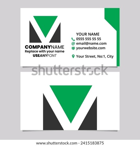 Green and Black Business Card Template with Square Letter V Logo Icon Over a Light Grey Background