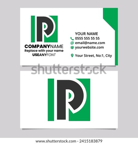 Green and Black Business Card Template with Square Letter P Logo Icon Over a Light Grey Background