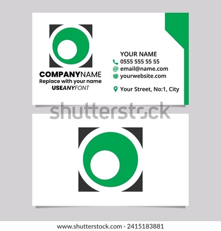 Green and Black Business Card Template with Square Letter O Logo Icon Over a Light Grey Background
