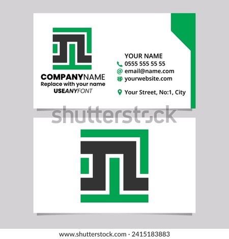 Green and Black Business Card Template with Square Letter N Logo Icon Over a Light Grey Background