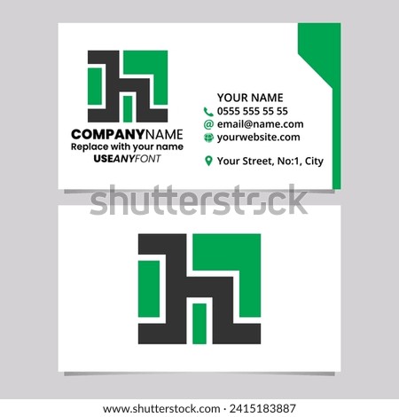 Green and Black Business Card Template with Square Letter H Logo Icon Over a Light Grey Background
