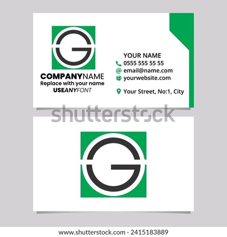Green and Black Business Card Template with Square Letter G Logo Icon Over a Light Grey Background
