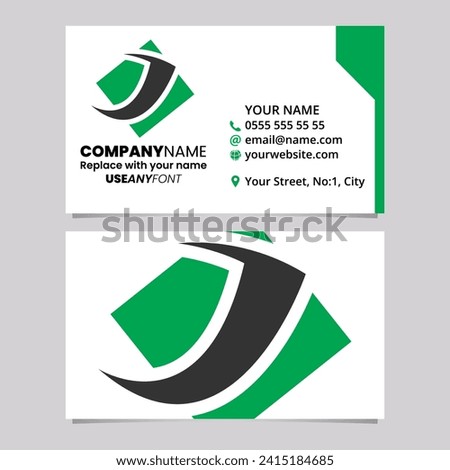 Green and Black Business Card Template with Diamond Square Letter J Logo Icon Over a Light Grey Background