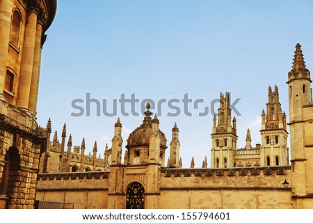 Low angle view of university buildings, Oxford University, Oxford, Oxfordshire, England