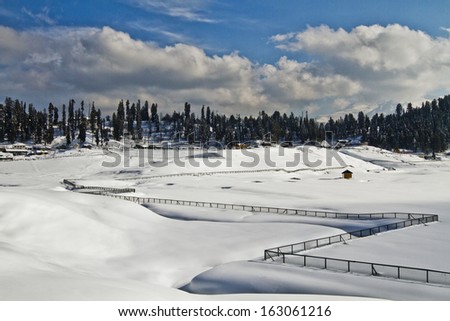 Fence in a snow covered field, Kashmir, Jammu And Kashmir, India