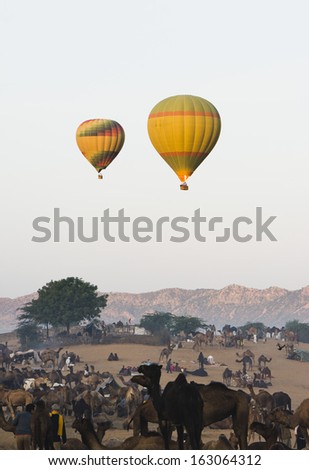 Hot air balloons over Pushkar Camel Fair ground, Pushkar, Ajmer, Rajasthan, India