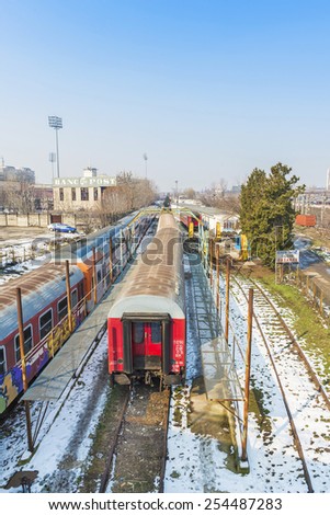 BUCHAREST, ROMANIA - FEBRUARY 14, 2015 : Trains stationed at maintenance area in Bucharest North Railway Station for periodically maintenance