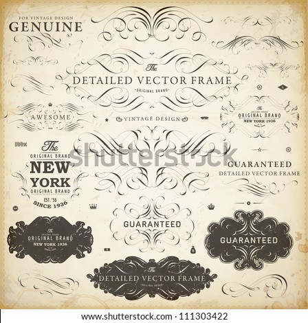 Vector set of calligraphic design elements: page decoration, Satisfaction Guarantee Label, calligraphic frames | Old paper texture with dirty grunge footprints of a cup of coffee.