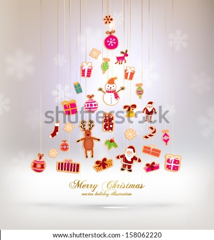 Christmas Tree Made of Xmas icons and elements, blurred snowflakes, vector