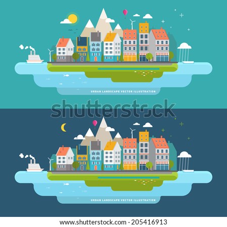 Flat Style Urban Landscape. Small Town on the Shore of the Ocean.
