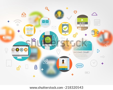 Set of Flat Style Icons. Mobile Phones, Tablet PC and Communication Technologies, Idea Concept with Lamp, Time is Money Icons. Money Management and Online Marketing 