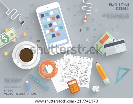 Flat Style Modern Design Concept of Creative Office Workspace. Icons Collection of Business Work Flow Items and Elements, Office Things, Objects and Equipment for Workplace Design. Vector Illustration