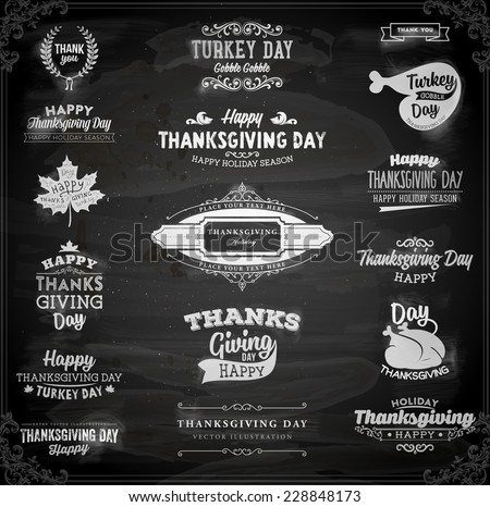 Set of Thanksgiving Day Labels. Holiday Designs. Vintage Paper Background. Chalkboard Style.