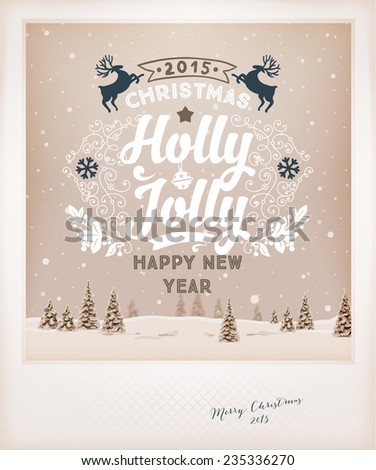 Vintage Christmas Greeting Card Design. Retro Xmas Holiday Style. Winter Landscape with Typographic Christmas Elements.