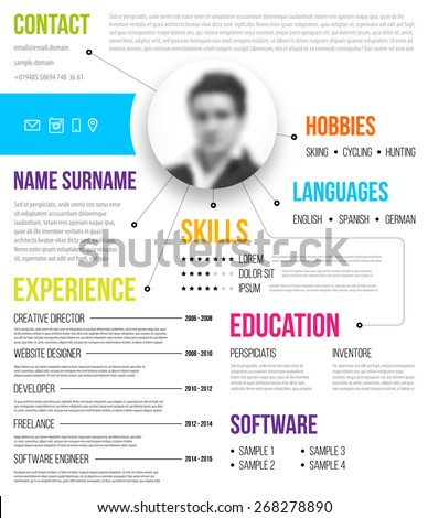 Cv, Resume Template. Minimalistic Style for Business Design. Blurred Avatar. Typographic Design.