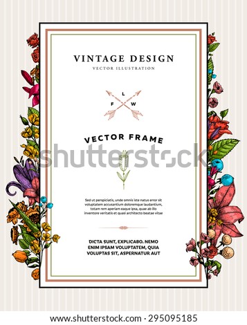 Vintage Vector Card with Engraving Flowers. Graphic Floral Style. Apple, Lilac, Peach, Sunflower, Rose Flowers. Frame with Label for Logo.