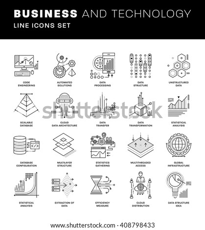 Thin Line Icons Set. Simple Linear Pictogram Collection for Web Design. Stroke Logo Concept Pack. Big Data Structure, Database Architecture, Data Science Technology Concept. Vector Illustration.