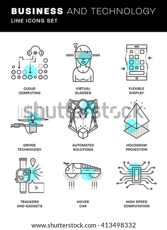 Thin Line Icons Set. Simple Linear Pictogram Collection for Web Design. Stroke Logo Concept Pack. Future Technology, Artificial Intelligent, Augmented Reality and Exoskeleton. Vector Illustration.